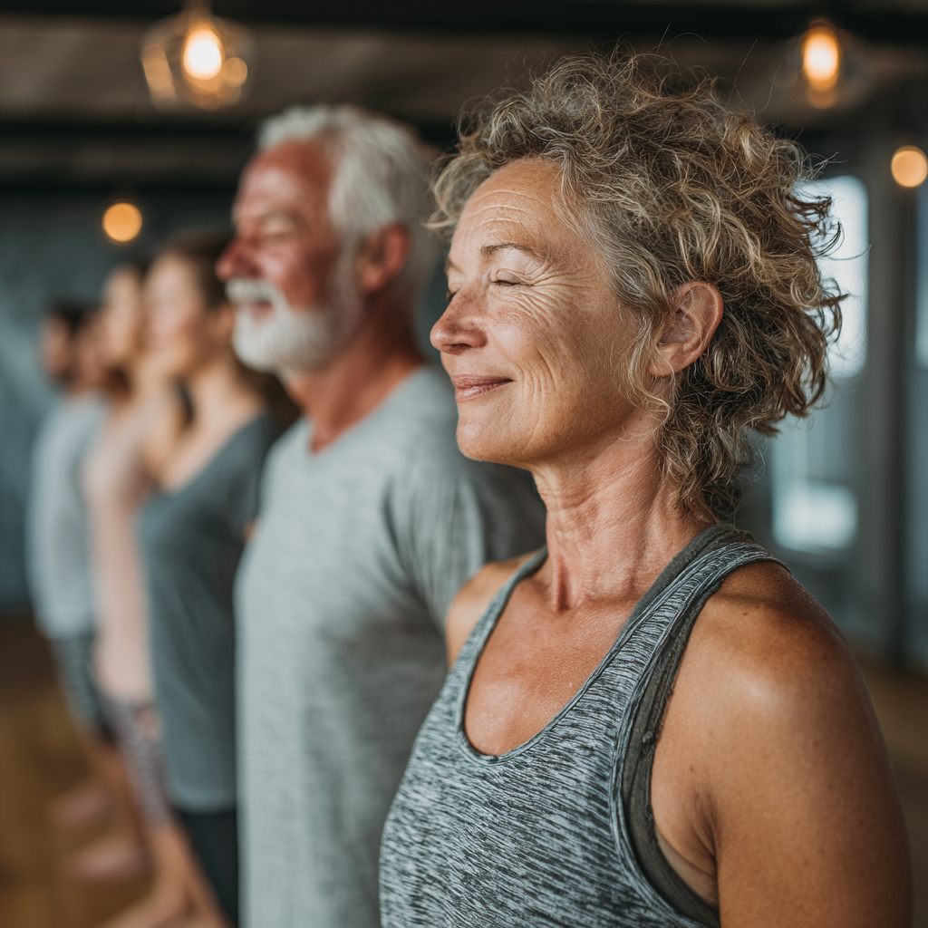 A group of adults in their 50s practicing gentle standing yoga poses in a light-filled studio with wooden floors, showing peaceful expressions and proper alignment in their stretches
