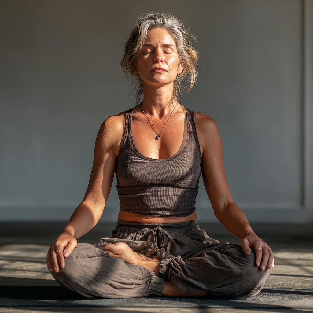 A woman in her late 40s with gray-streaked hair practicing meditation pose on a yoga mat in a bright minimalist studio, eyes closed in peaceful concentration, wearing comfortable earth-toned yoga attire